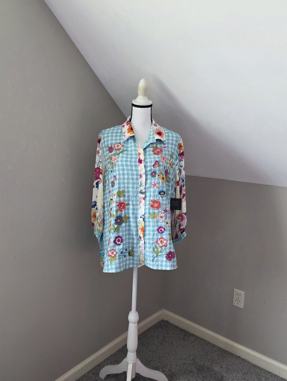 John Mark Floral Embroidered Plaid Top